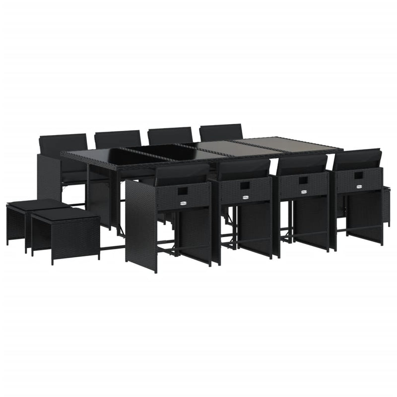 vidaXL 13 Piece Garden Dining Set with Cushions Black Poly Rattan