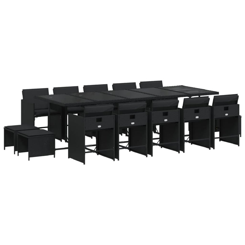 vidaXL 15 Piece Garden Dining Set with Cushions Black Poly Rattan