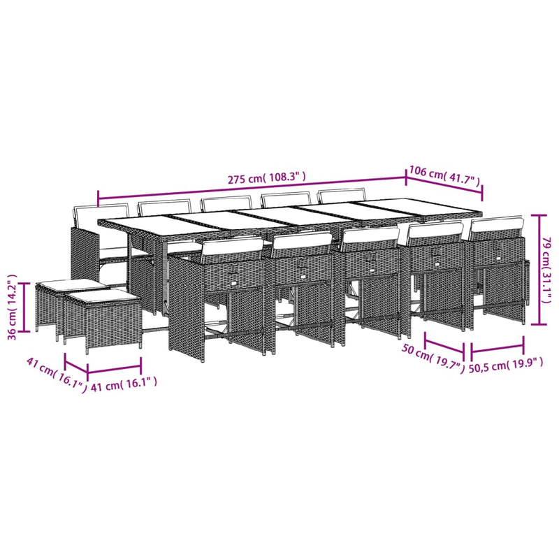 vidaXL 15 Piece Garden Dining Set with Cushions Grey Poly Rattan