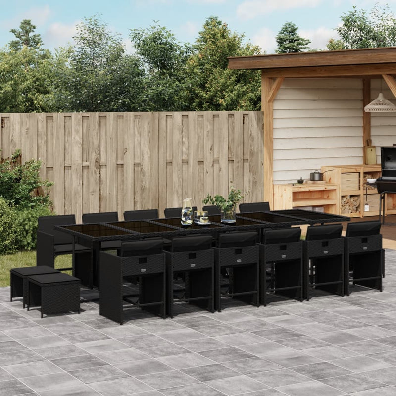 vidaXL 17 Piece Garden Dining Set with Cushions Black Poly Rattan