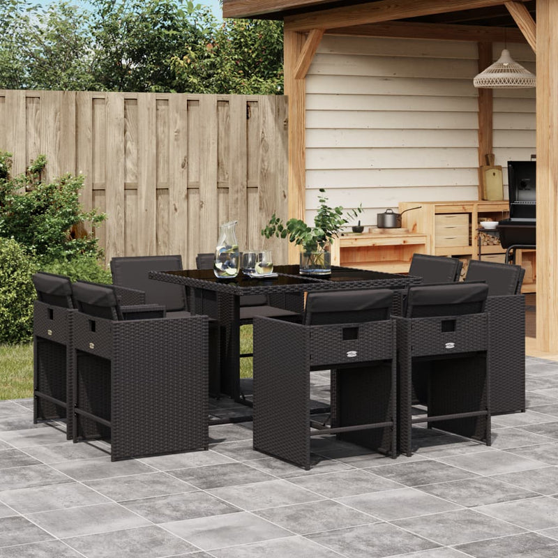 vidaXL 9 Piece Garden Dining Set with Cushions Black Poly Rattan