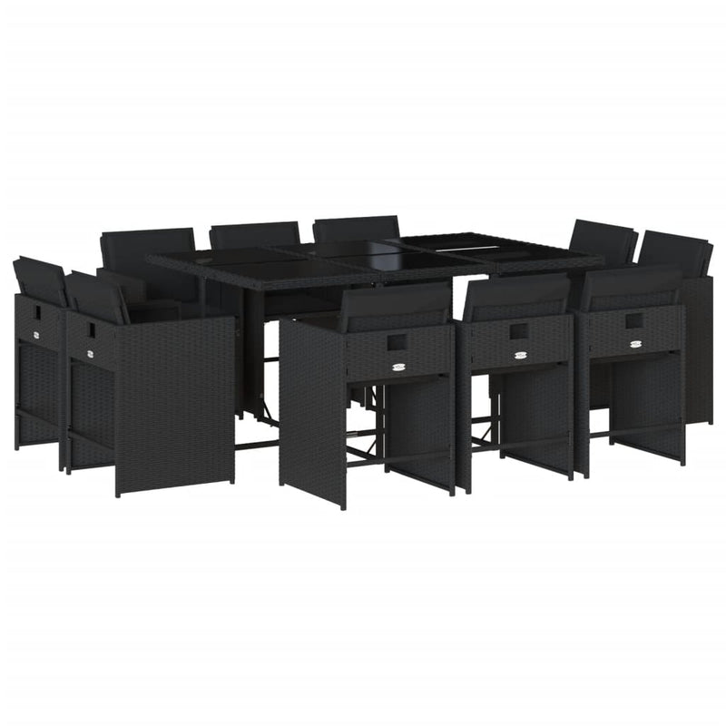 vidaXL 11 Piece Garden Dining Set with Cushions Black Poly Rattan