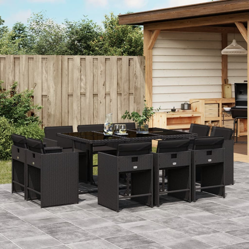 vidaXL 11 Piece Garden Dining Set with Cushions Black Poly Rattan