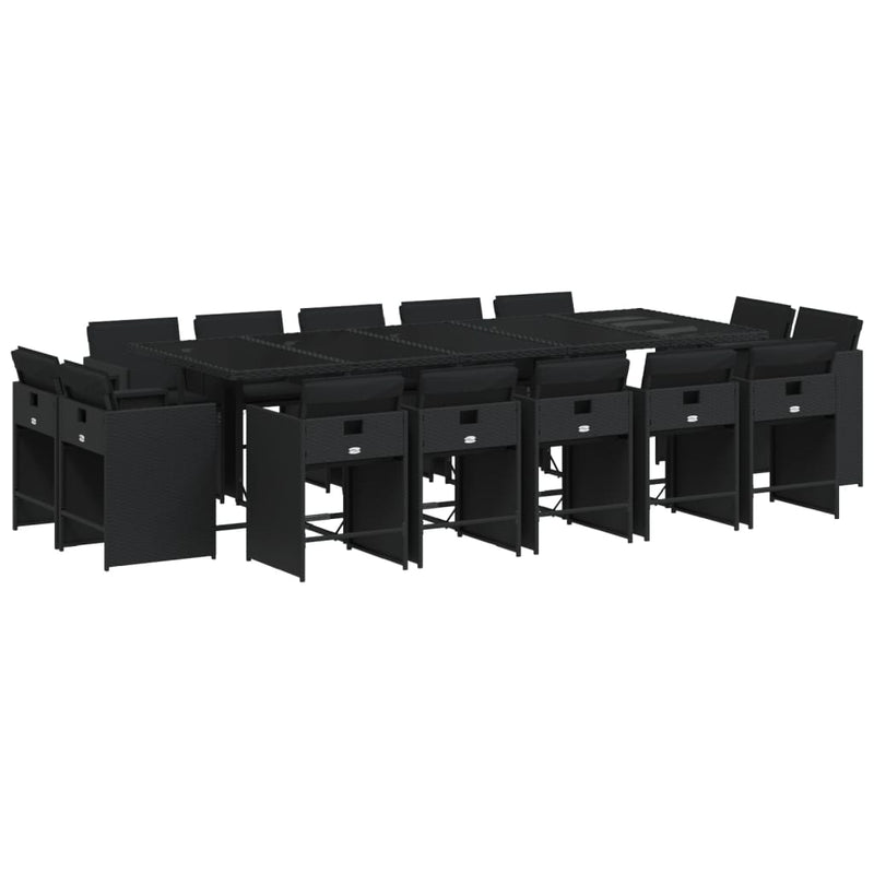 vidaXL 15 Piece Garden Dining Set with Cushions Black Poly Rattan