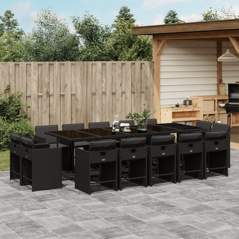 vidaXL 15 Piece Garden Dining Set with Cushions Black Poly Rattan