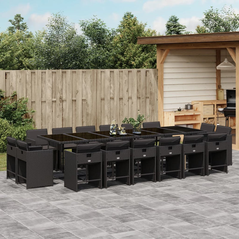 vidaXL 17 Piece Garden Dining Set with Cushions Black Poly Rattan