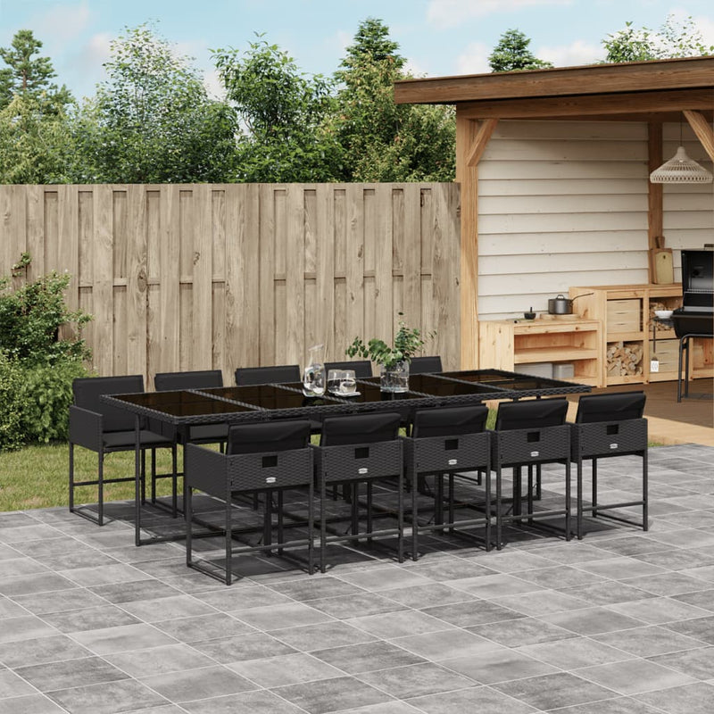 vidaXL 11 Piece Garden Dining Set with Cushions Black Poly Rattan