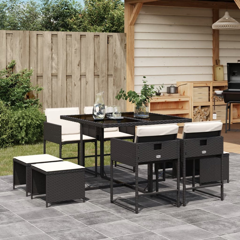 vidaXL 9 Piece Garden Dining Set with Cushions Black Poly Rattan