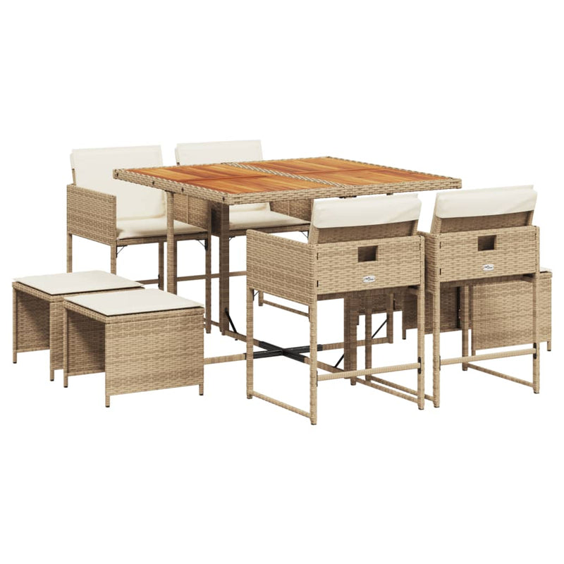 vidaXL 9 Piece Garden Dining Set with Cushions Beige Poly Rattan