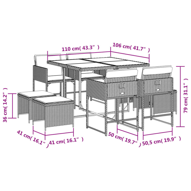 vidaXL 9 Piece Garden Dining Set with Cushions Beige Poly Rattan