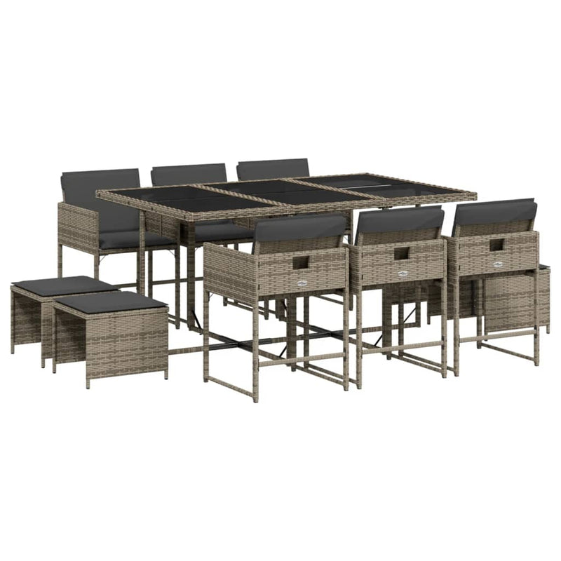 vidaXL 11 Piece Garden Dining Set with Cushions Grey Poly Rattan