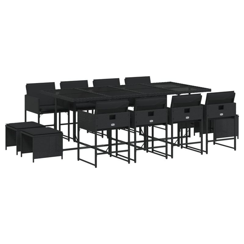 vidaXL 13 Piece Garden Dining Set with Cushions Black Poly Rattan