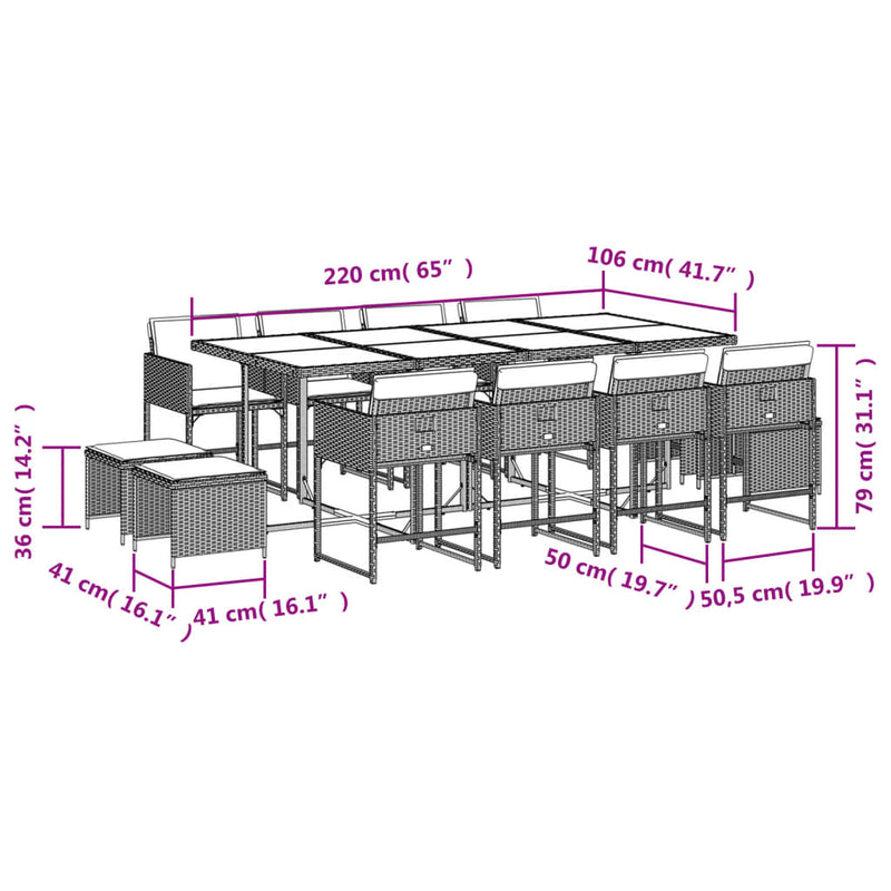 vidaXL 13 Piece Garden Dining Set with Cushions Grey Poly Rattan