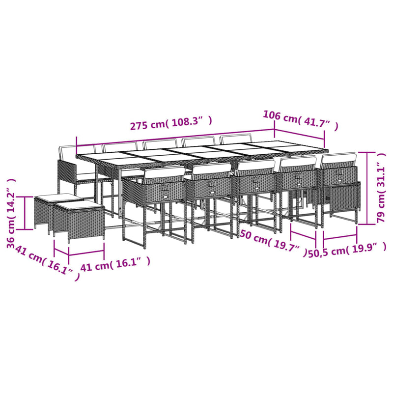 vidaXL 15 Piece Garden Dining Set with Cushions Black Poly Rattan