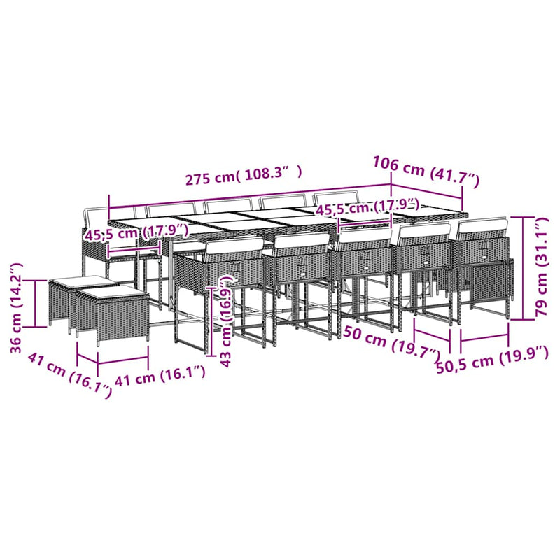 vidaXL 15 Piece Garden Dining Set with Cushions Grey Poly Rattan