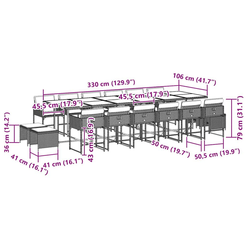 vidaXL 17 Piece Garden Dining Set with Cushions Grey Poly Rattan