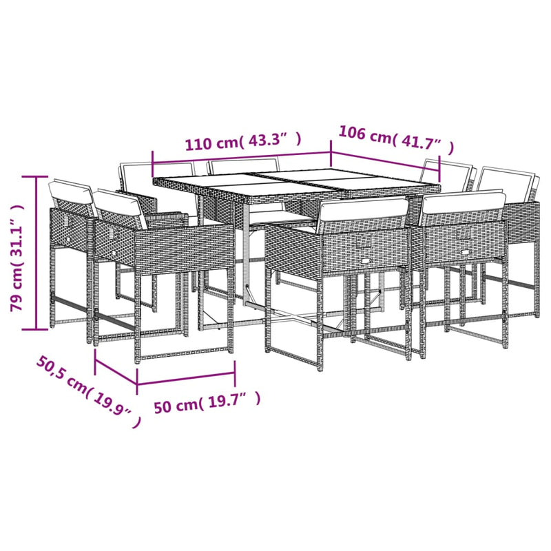 vidaXL 9 Piece Garden Dining Set with Cushions Black Poly Rattan