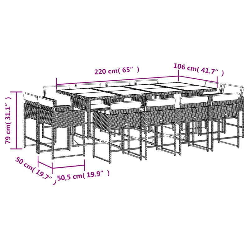 vidaXL 13 Piece Garden Dining Set with Cushions Grey Poly Rattan