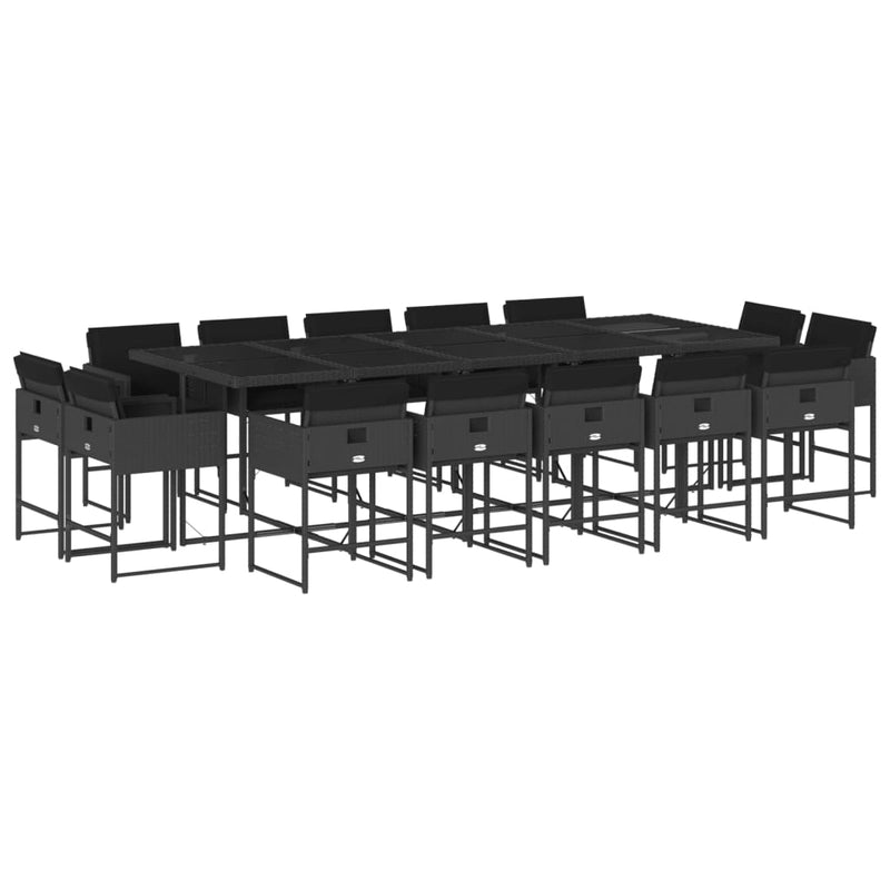 vidaXL 15 Piece Garden Dining Set with Cushions Black Poly Rattan