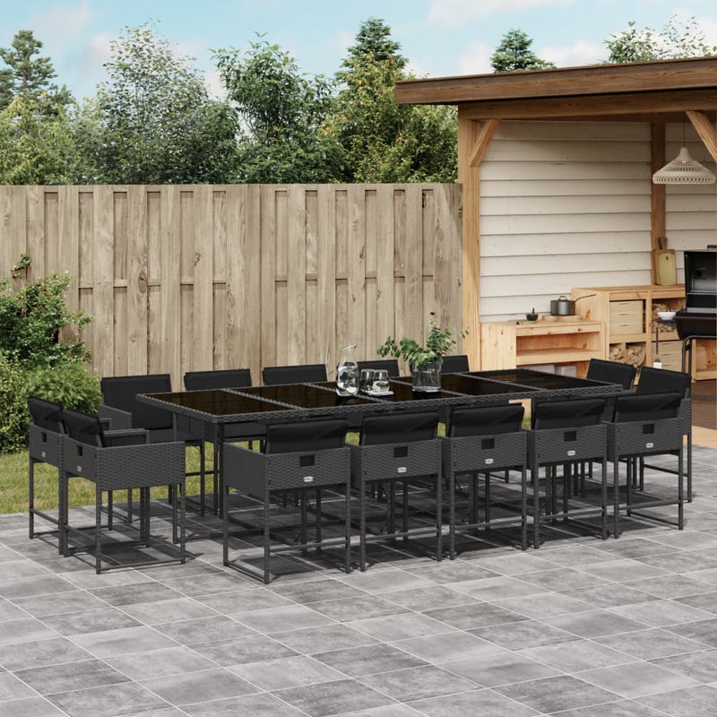 vidaXL 15 Piece Garden Dining Set with Cushions Black Poly Rattan