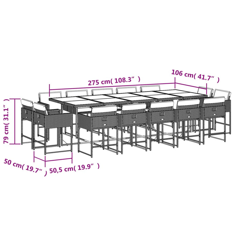 vidaXL 15 Piece Garden Dining Set with Cushions Grey Poly Rattan