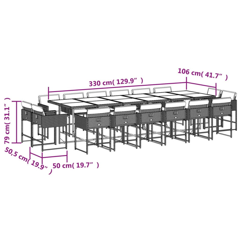 vidaXL 17 Piece Garden Dining Set with Cushions Grey Poly Rattan