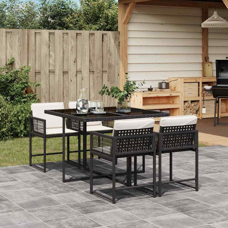 vidaXL 5 Piece Garden Dining Set with Cushions Black Poly Rattan