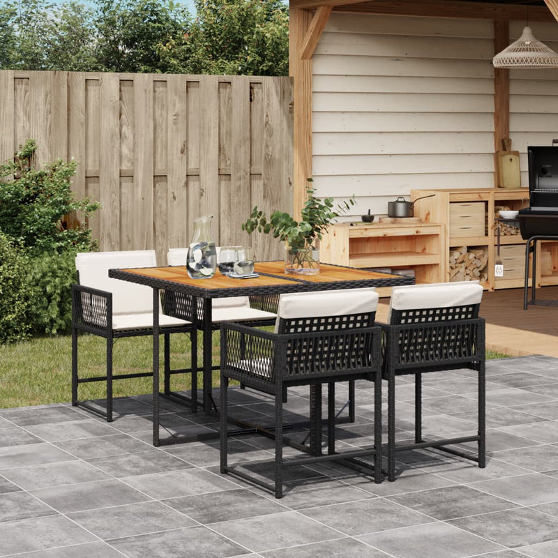 vidaXL 5 Piece Garden Dining Set with Cushions Black Poly Rattan
