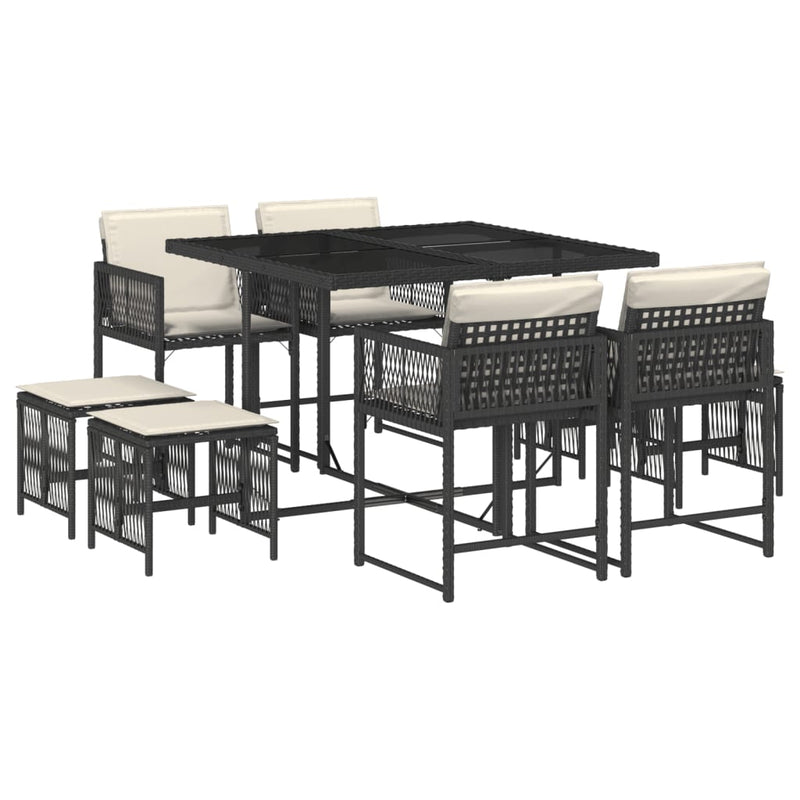 vidaXL 9 Piece Garden Dining Set with Cushions Black Poly Rattan