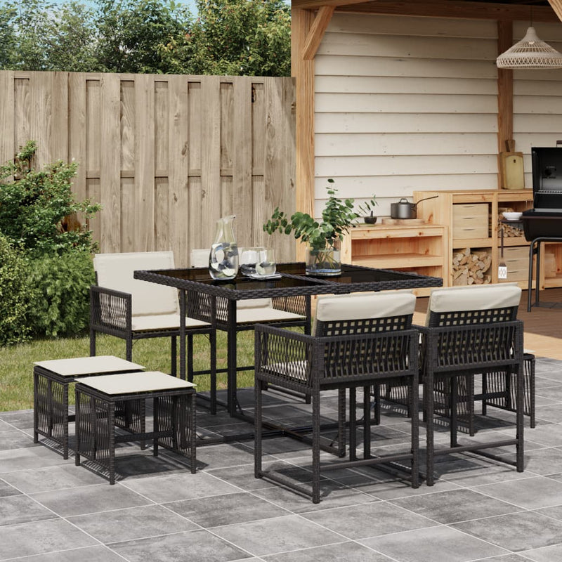 vidaXL 9 Piece Garden Dining Set with Cushions Black Poly Rattan