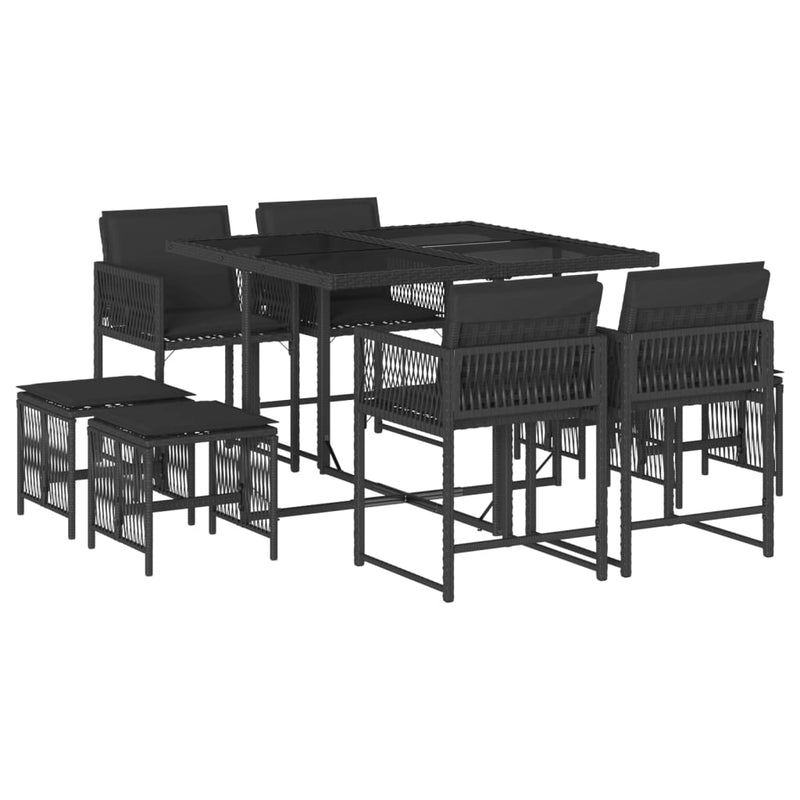 vidaXL 9 Piece Garden Dining Set with Cushions Black Poly Rattan