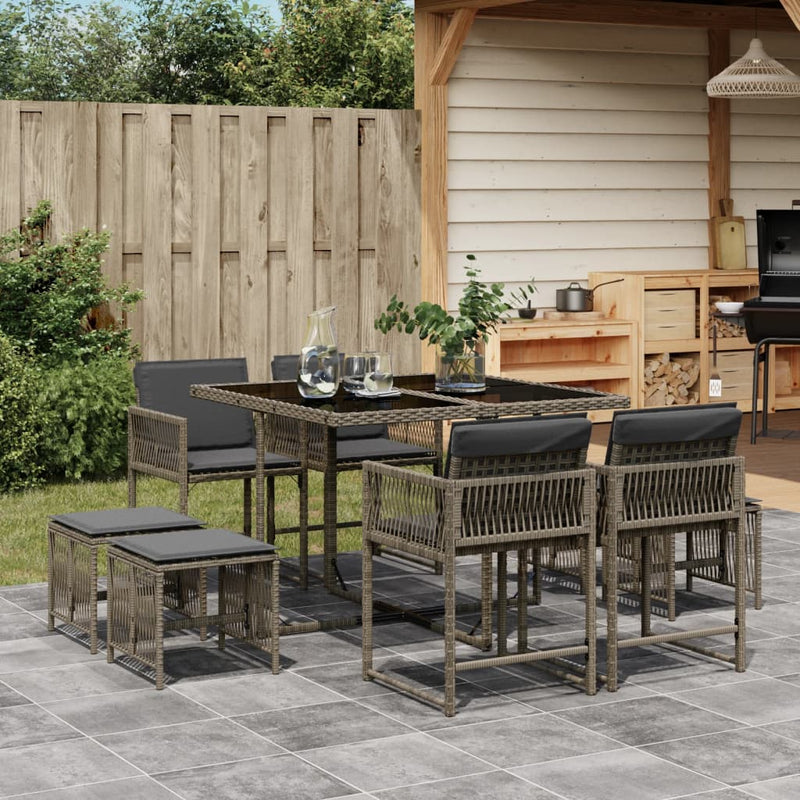 vidaXL 9 Piece Garden Dining Set with Cushions Grey Poly Rattan