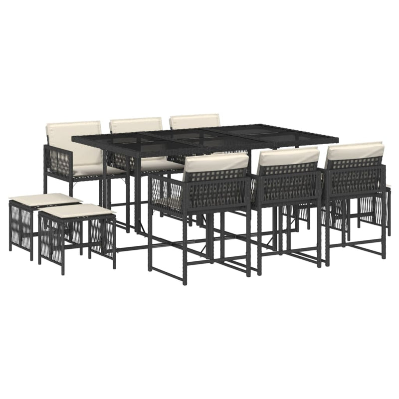 vidaXL 11 Piece Garden Dining Set with Cushions Black Poly Rattan