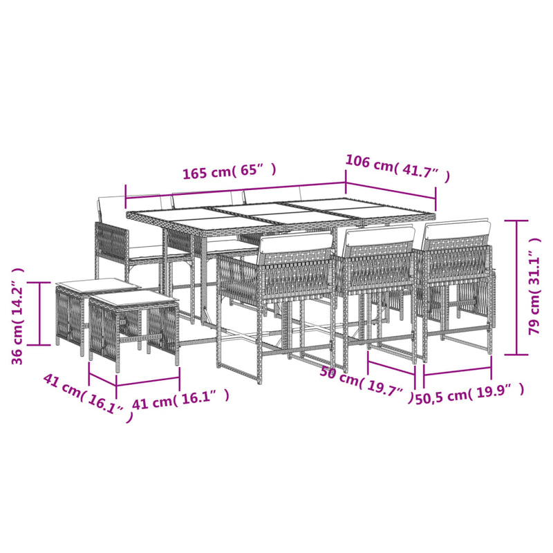 vidaXL 11 Piece Garden Dining Set with Cushions Grey Poly Rattan