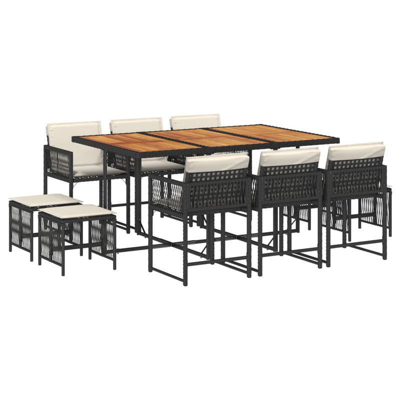 vidaXL 11 Piece Garden Dining Set with Cushions Black Poly Rattan