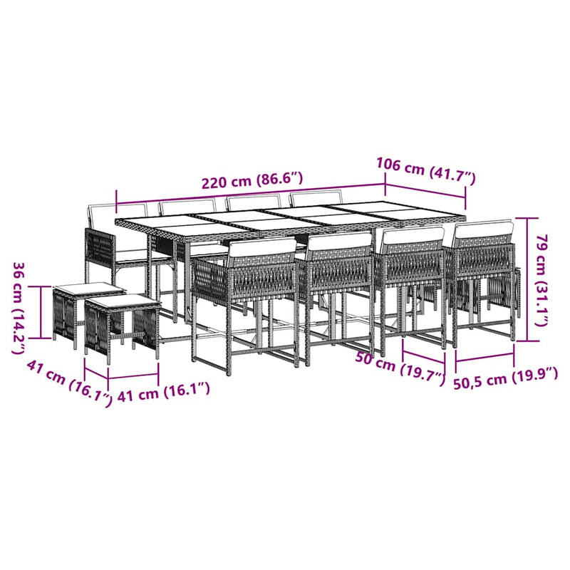 vidaXL 13 Piece Garden Dining Set with Cushions Grey Poly Rattan
