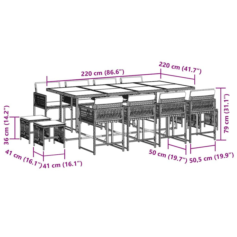 vidaXL 13 Piece Garden Dining Set with Cushions Black Poly Rattan