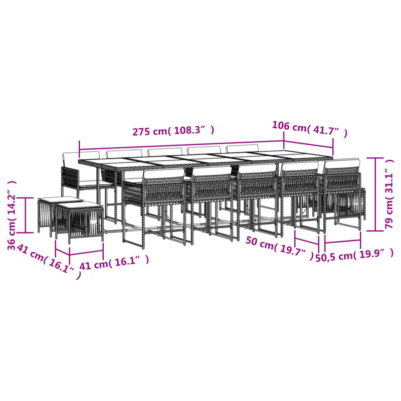 vidaXL 15 Piece Garden Dining Set with Cushions Black Poly Rattan