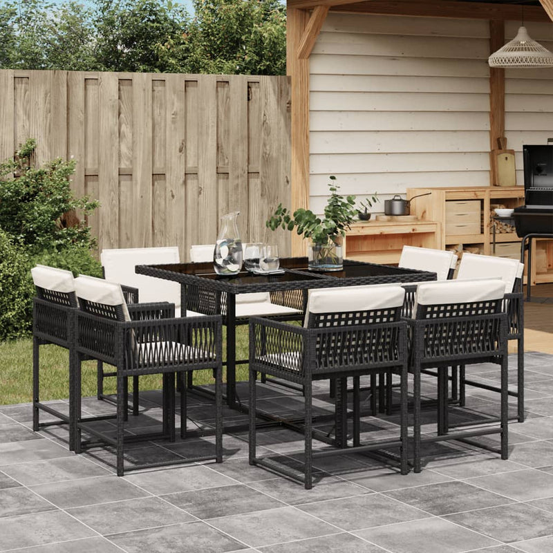 vidaXL 9 Piece Garden Dining Set with Cushions Black Poly Rattan