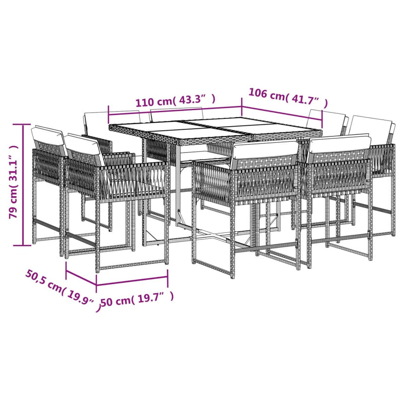 vidaXL 9 Piece Garden Dining Set with Cushions Grey Poly Rattan