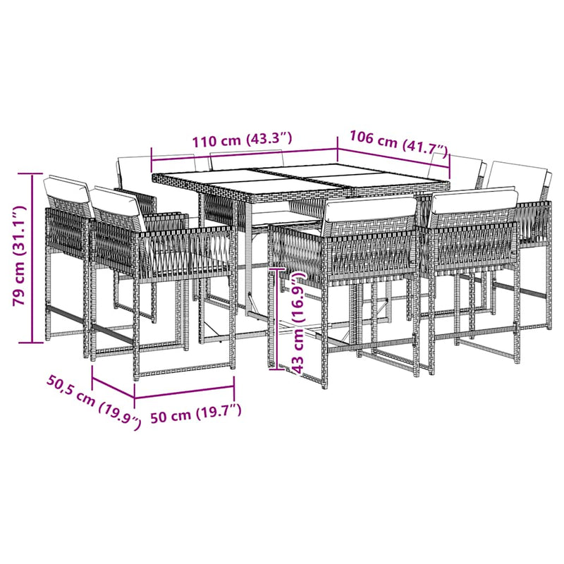 vidaXL 9 Piece Garden Dining Set with Cushions Black Poly Rattan