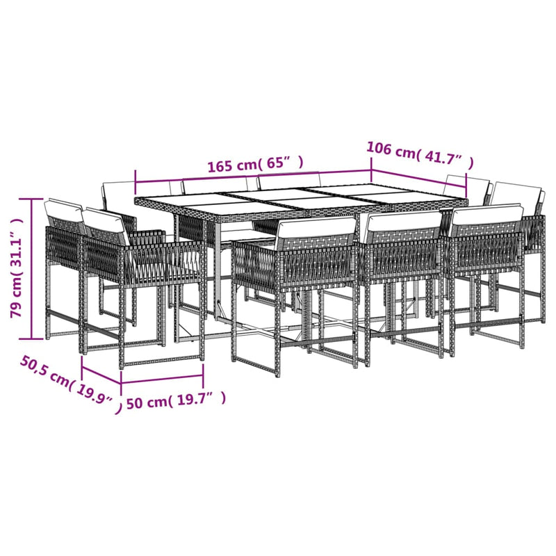 vidaXL 11 Piece Garden Dining Set with Cushions Grey Poly Rattan