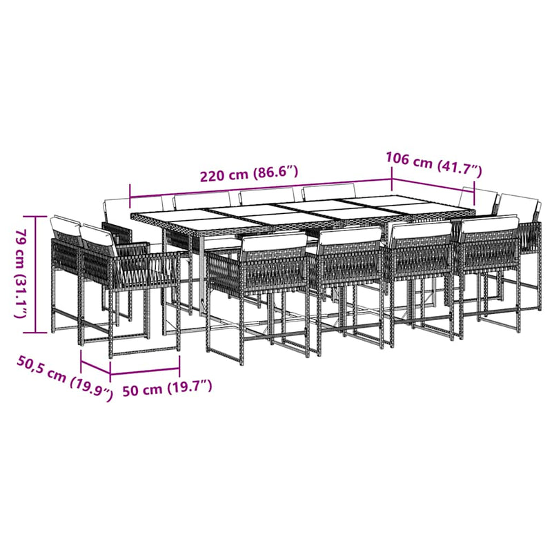 vidaXL 13 Piece Garden Dining Set with Cushions Grey Poly Rattan