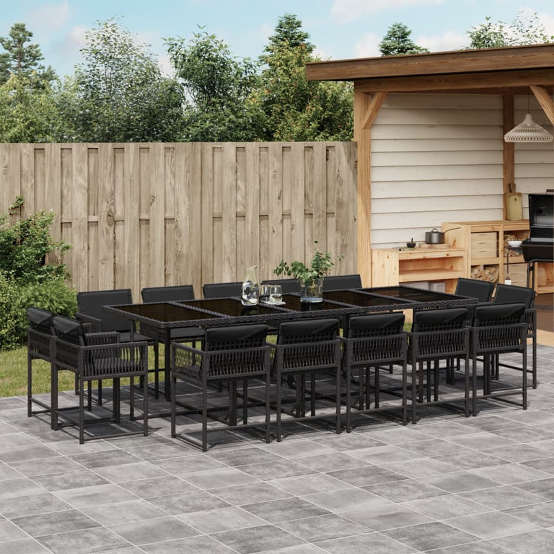 vidaXL 15 Piece Garden Dining Set with Cushions Black Poly Rattan