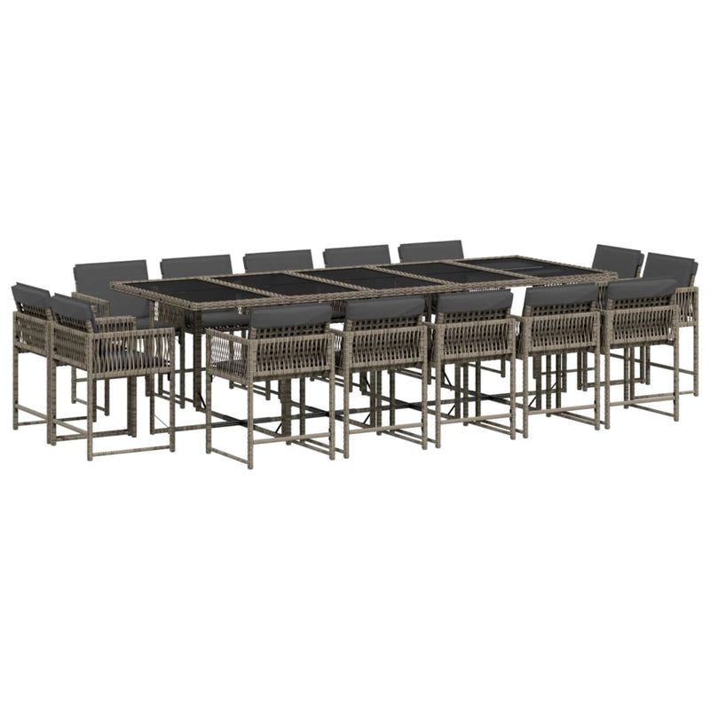 vidaXL 15 Piece Garden Dining Set with Cushions Grey Poly Rattan