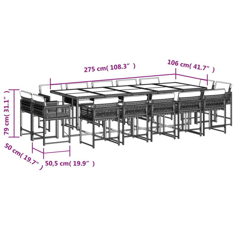 vidaXL 15 Piece Garden Dining Set with Cushions Grey Poly Rattan