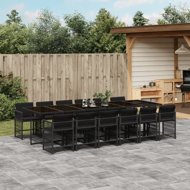 vidaXL 13 Piece Garden Dining Set with Cushions Black Poly Rattan