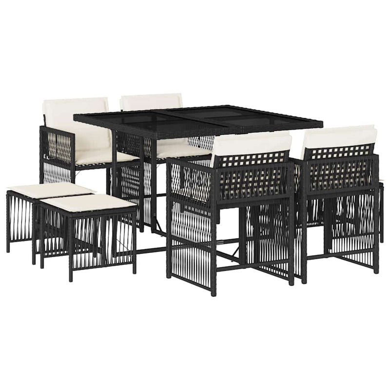 vidaXL 9 Piece Garden Dining Set with Cushions Black Poly Rattan