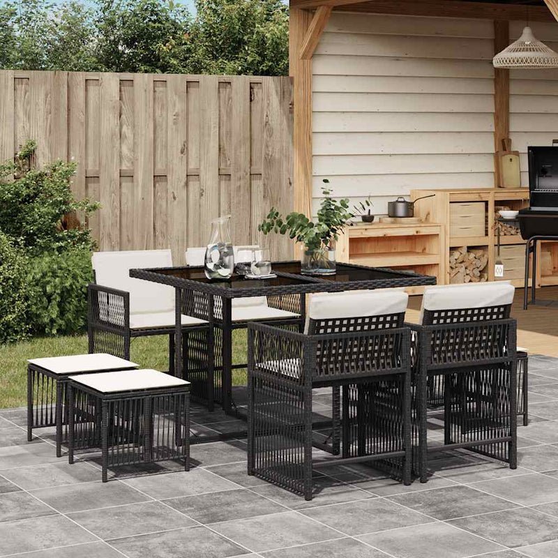 vidaXL 9 Piece Garden Dining Set with Cushions Black Poly Rattan