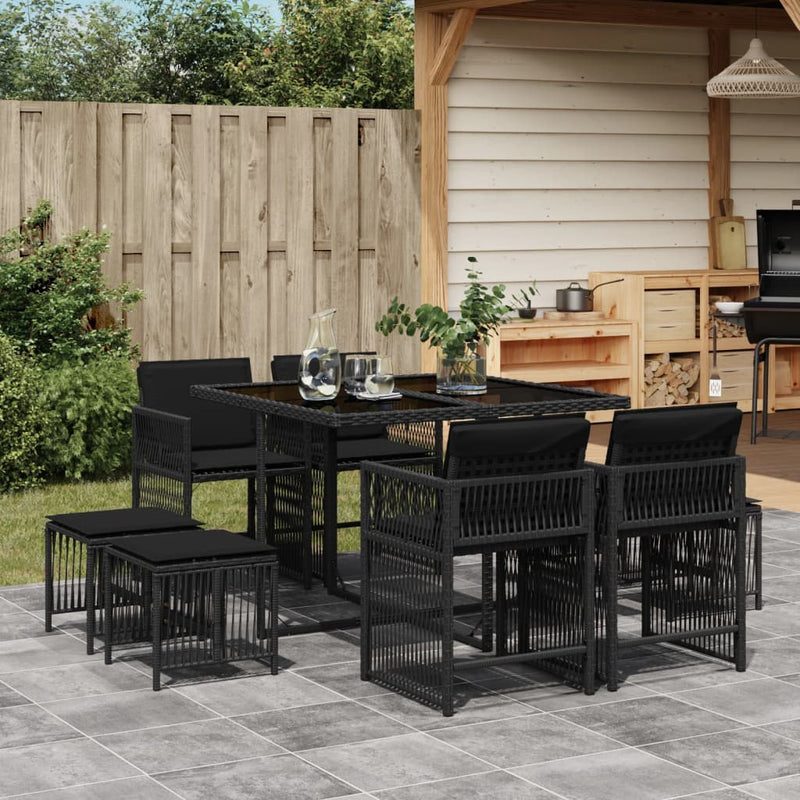 vidaXL 9 Piece Garden Dining Set with Cushions Black Poly Rattan